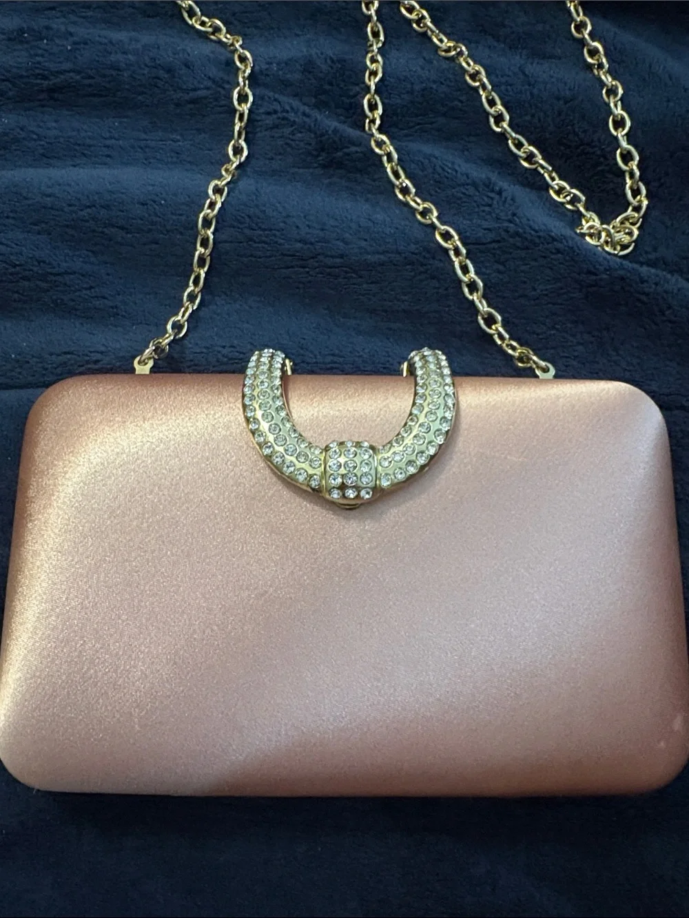 INC Rose Gold Satin Clutch with Crystal Horseshoe Accent